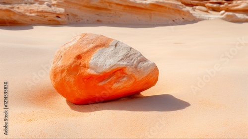 Isolated Orange Stone on White Sandstone in Bisti De Na Zin Badlands of New Mexico. Close Up of Dry, Arid Desert Rock photo