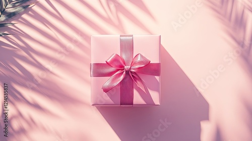 Elegant pink gift box with a satin ribbon bow, centered on a pure white background