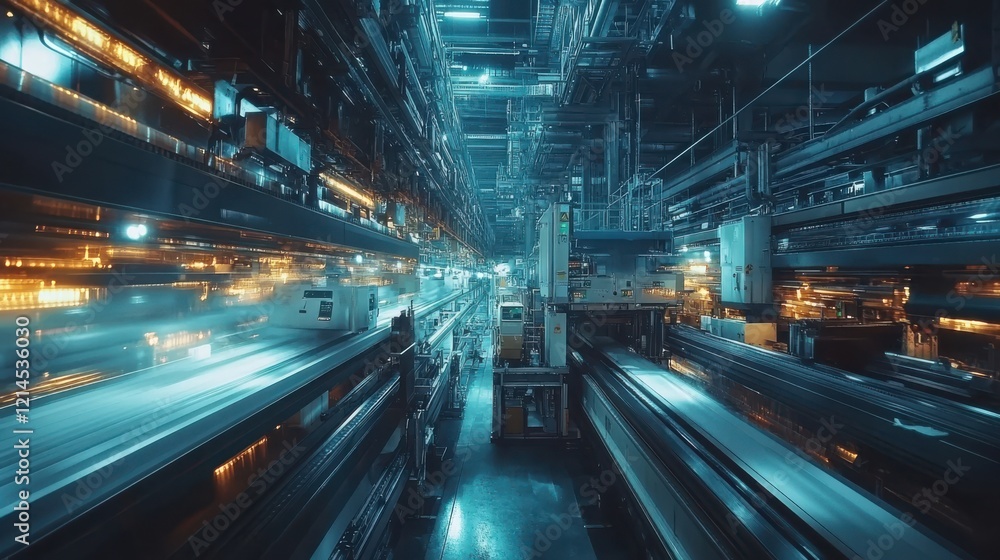 A futuristic, high-tech warehouse with illuminated shelves and a sense of speed, showcasing advanced storage and logistics systems. A futuristic, high-tech warehouse with illuminated shelves and a sense of speed, showcasing advanced storage and logistics systems.