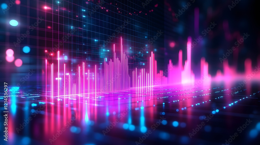 Neon financial chart features pink and blue gradients with upward trends, presented in 3D holographic style with grid perspective floor against dark background. Neon financial chart features pink and blue gradients with upward trends, presented in 3D holographic style with grid perspective floor against dark background.