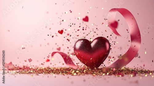 Festive arrangement of a ribboned gift, red heart, and sparkling gold confetti creating a holiday vibe on pink