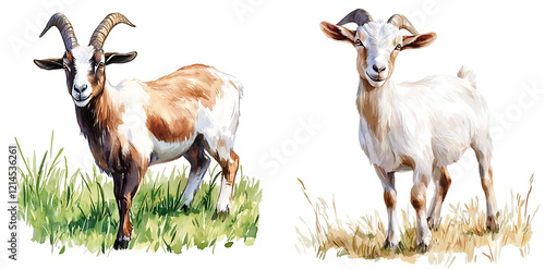 Bild auf Leinwand Playful goats grazing in a sunny meadow animal vibrant nature whimsical art styl