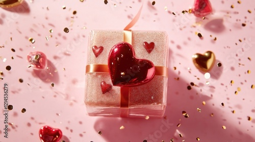 Festive arrangement of a ribboned gift, red heart, and sparkling gold confetti creating a holiday vibe on pink