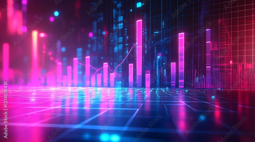 Neon financial chart features pink and blue gradients with upward trends, presented in 3D holographic style with grid perspective floor against dark background. Neon financial chart features pink and blue gradients with upward trends, presented in 3D holographic style with grid perspective floor against dark background.