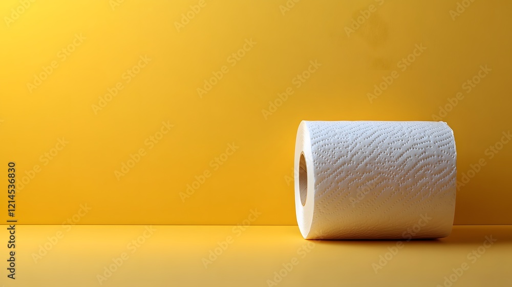 Obraz premium Toilet paper roll positioned against pale yellow backdrop showcases textured paper detail with right-aligned placement and soft shadow effects.