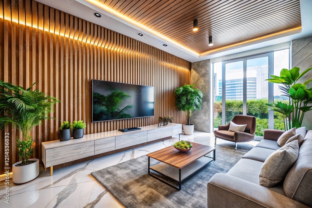 Fototapeta premium Panoramic Modern Living Room: Marble Accent Wall, Wooden Slats, Minimalist Decor & Indoor Plants