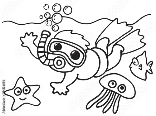 Adorable cartoon Divers and marine animals coloring Illustration for Kids, line art, black and white isolated on a transparent background