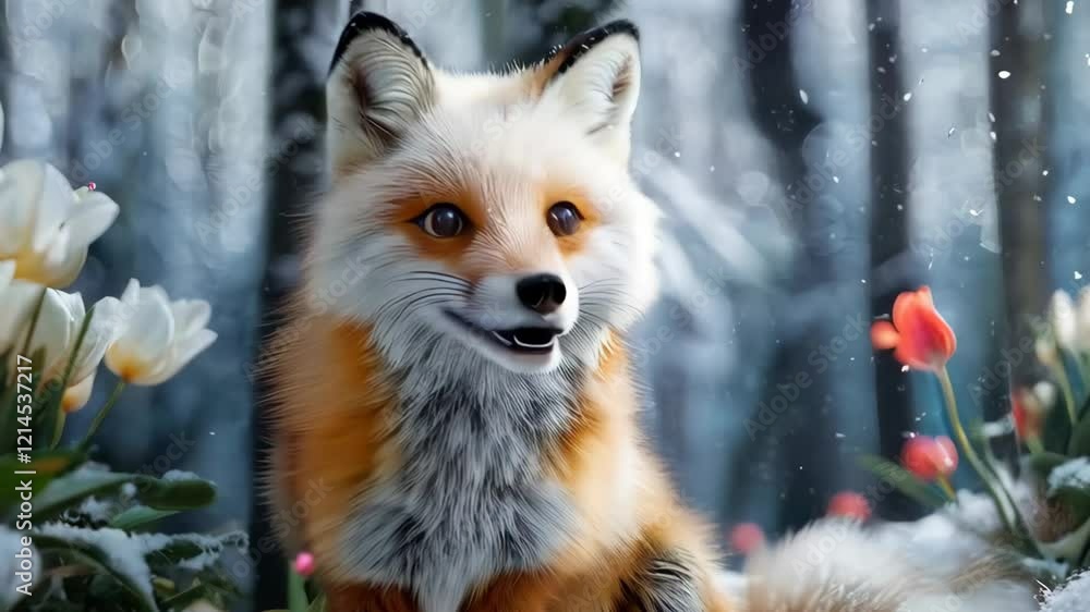 Graceful Fox in Snowy Forest Surrounded by Vibrant Flowers Serene Winter Wildlife Scene Capturing Natures Beauty Graceful Fox in Snowy Forest Surrounded by Vibrant Flowers Serene Winter Wildlife Scene Capturing Natures Beauty