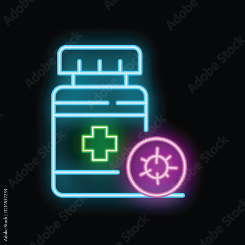 Glowing neon icon representing a bottle of pills with a medical cross and a virus symbol, evoking antiviral treatment