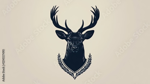 Elegant stag head emblem, laurel wreath, beige background, logo design photo