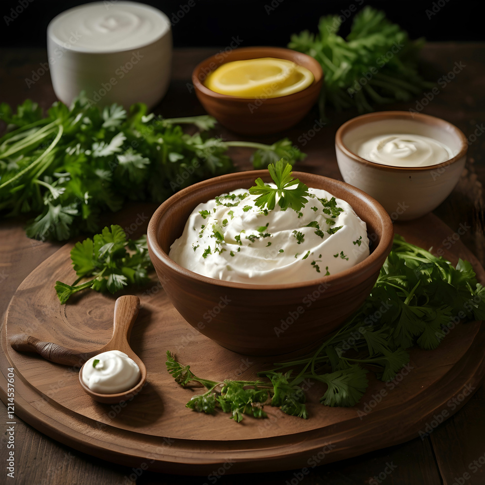 Vision XL A bowl of sour cream next to a bowl of pars Vision XL A bowl of sour cream next to a bowl of pars