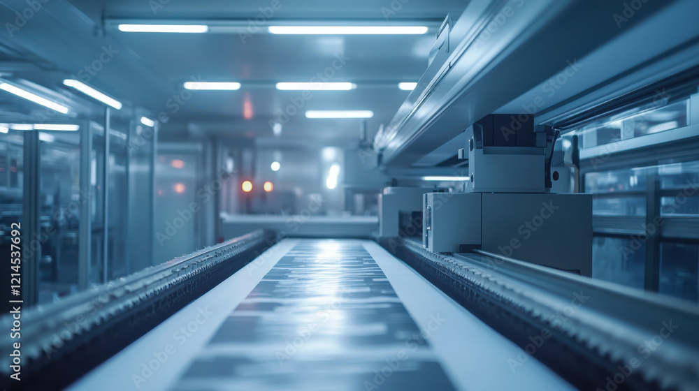 Fototapeta premium A sleek, modern conveyor system transports items in a high-tech facility, illuminated by cool blue lighting and showcasing an efficient production environment.