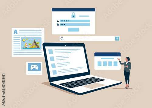 Girl use secure login and password protection on website or social media account. Secure login and sign up concept illustration.
