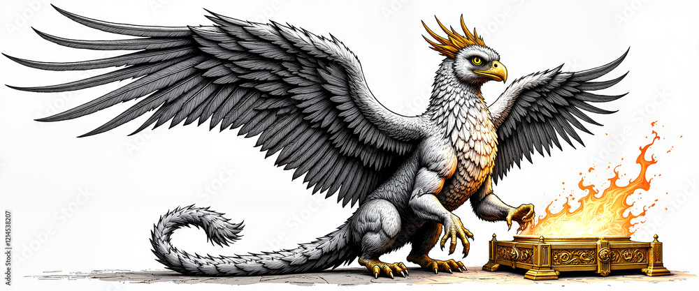 Fototapeta premium Majestic griffin guarding ancient glowing artifact, mythical power