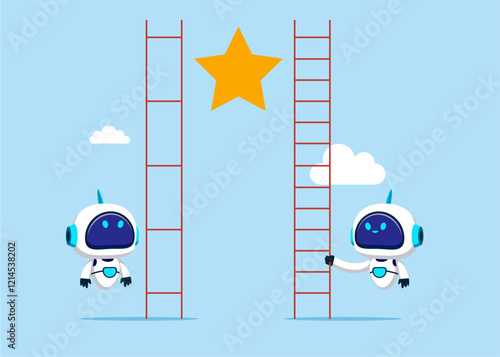 Business vector illustration of unfair competition between robots, inequality or privilege in technology concept. Flat vector illustration