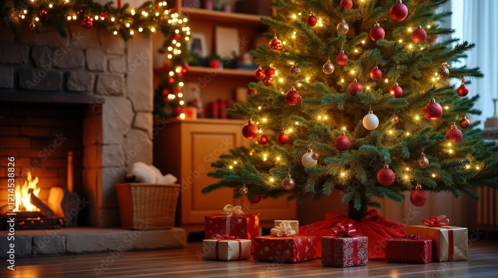 Cozy living room with a decorated Christmas tree and glowing fireplace warmth Cozy living room with a decorated Christmas tree and glowing fireplace warmth