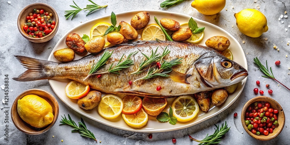 Panoramic Roasted Fish & New Potatoes Tapas - Delicious Lunch Snack Top View