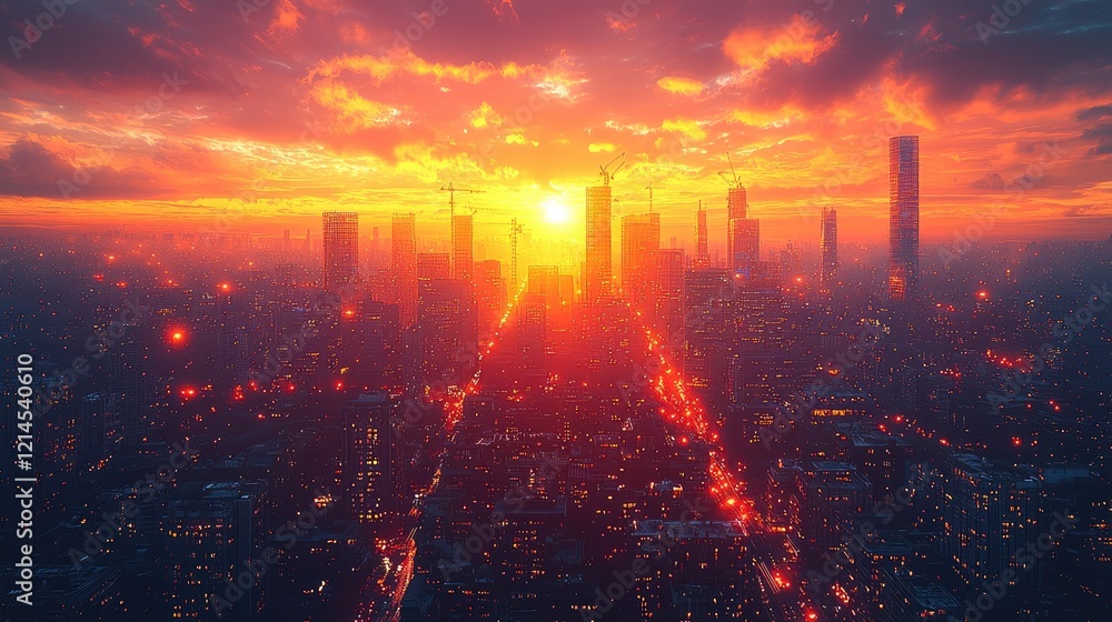 Fototapeta premium Cityscape Sunset: A vibrant and awe-inspiring aerial view of a modern cityscape silhouetted against a breathtaking sunset.