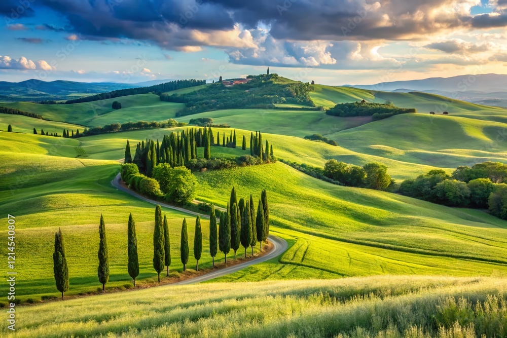 Obraz premium Panoramic Val d'Orcia Valley: Rolling Hills, Wheat Fields, and Cypress Trees in Tuscany, Italy