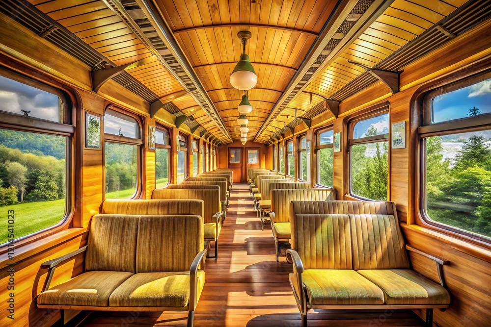 Fototapeta premium Panoramic View: Classic Wooden Train Seats, Slow Suburban Journey