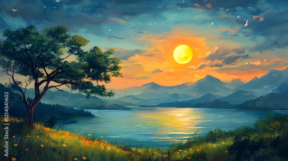 Fototapeta premium Serene Sunset Landscape Lake Mountains Tree Flowers
