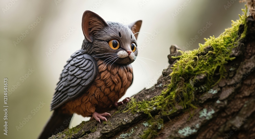 Obraz premium Adorable owl-cat hybrid perched on a mossy tree branch