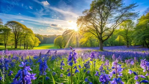 Panoramic View of a Stunning English Bluebell Meadow in Full Bloom