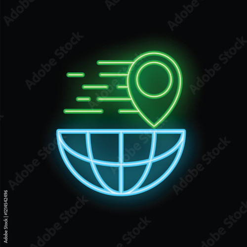 Neon location pin icon is moving around the world, concept of global communication and gps tracking