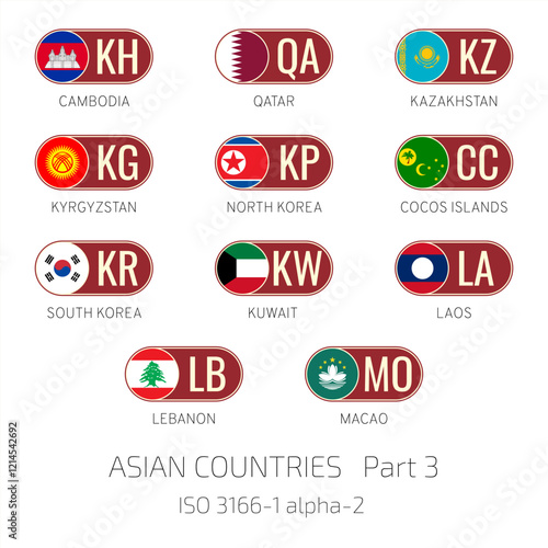 Set of vector illustrations of ISO 3166 1 alpha 2 and flags of Asian countries. Part 3.
