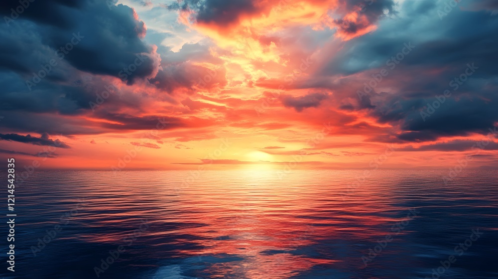 Fiery Sunset over Calm Ocean Dramatic Sky and Water Reflection Fiery Sunset over Calm Ocean Dramatic Sky and Water Reflection