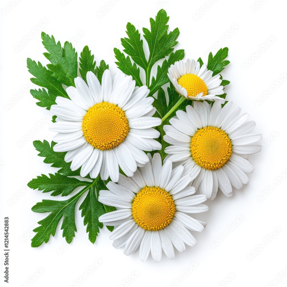 Fototapeta premium Beautiful White Daisies with Bright Yellow Centers on Green Leaves