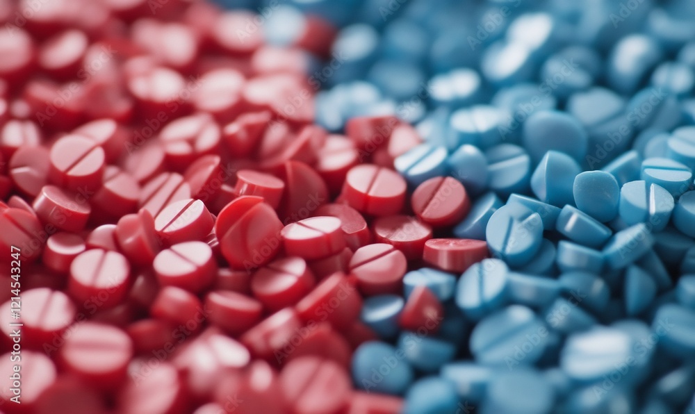 Red and blue pills, pharmaceutical production, close-up, medicine Red and blue pills, pharmaceutical production, close-up, medicine