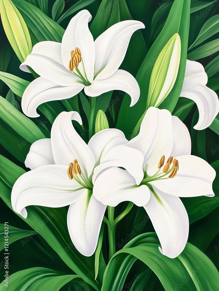 Obraz premium Elegant white lilies with orange-tipped stamens surrounded by green leaves, set against a dark textured background, floral beauty