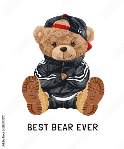 best bear ever slogan with cute bear toy in fashion track suit vector illustration