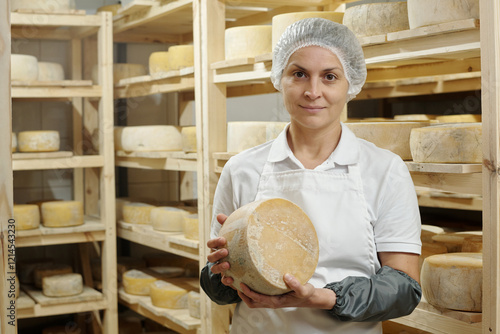 Foto Portrait of senior cheese maker holding cheese wheel, standing in a ripening room with shelves filled with aging cheeses