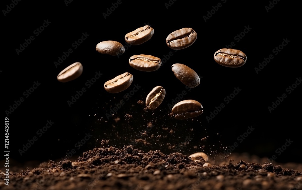 Coffee beans falling into soil, isolated on black background. Possible use Coffee product advertisement, food photography Coffee beans falling into soil, isolated on black background. Possible use Coffee product advertisement, food photography