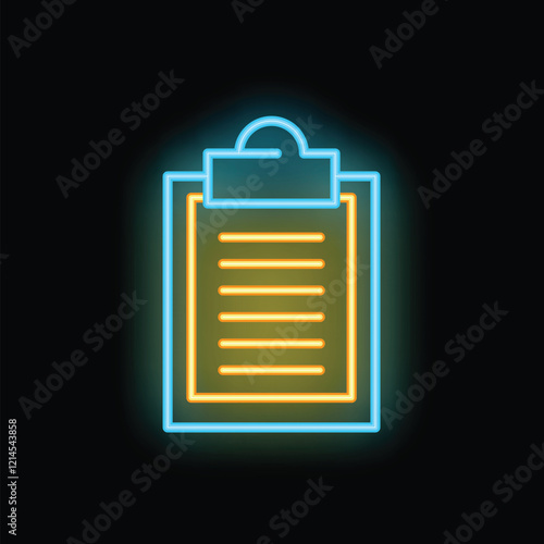 Bright luminous yellow and blue neon sign of a clipboard with a blank document for compiling a list or contract on a black background