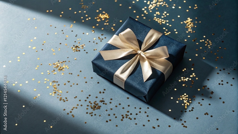 elegant gift box, navy blue wrapping paper, cream ribbon bow, gold glitter scattered, dark background, holiday celebration, luxury present, festive mood, shimmering details, soft lighting, close-up ph elegant gift box, navy blue wrapping paper, cream ribbon bow, gold glitter scattered, dark background, holiday celebration, luxury present, festive mood, shimmering details, soft lighting, close-up ph