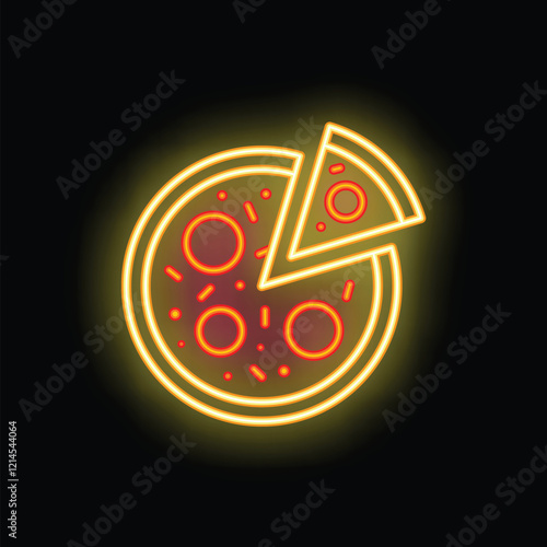 Glowing neon sign depicting a delicious pizza with a single slice being removed, set against a dark backdrop