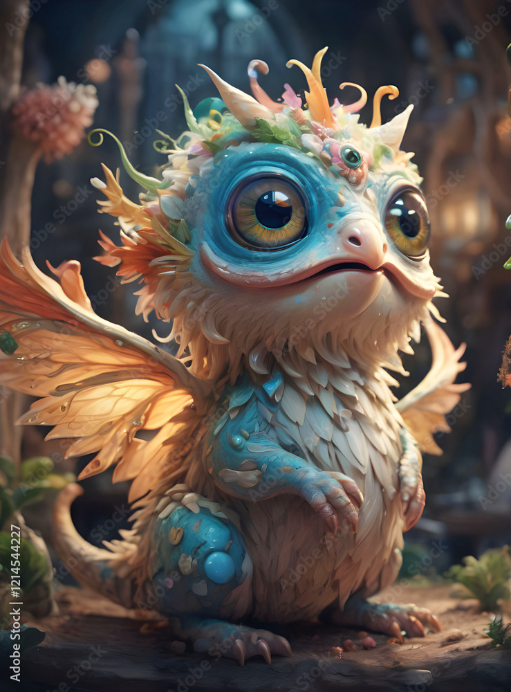 cutest fantasy childish creature with wings. close up. digital artwork. Ai generated