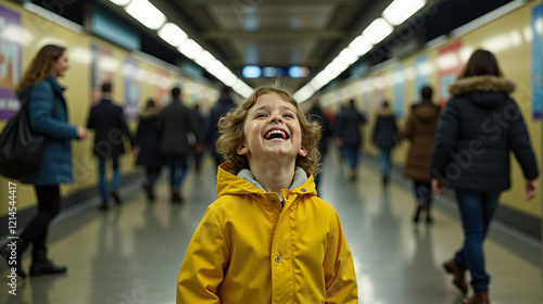 A child laughing in a crowded subway station.