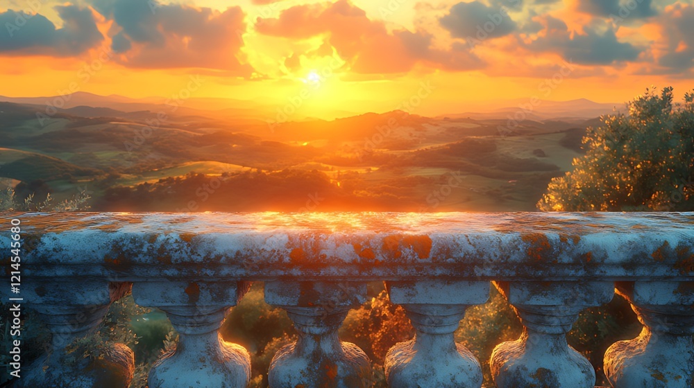 Obraz premium Sunset Tuscan balcony view; rolling hills, idyllic landscape, travel brochure