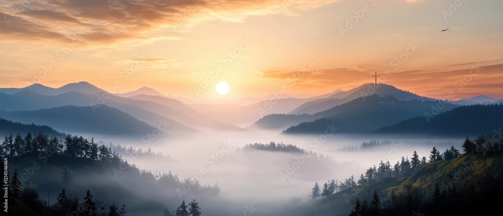 Fototapeta premium Serene Sunrise Over Misty Valley with Mountain Silhouettes and Clouds