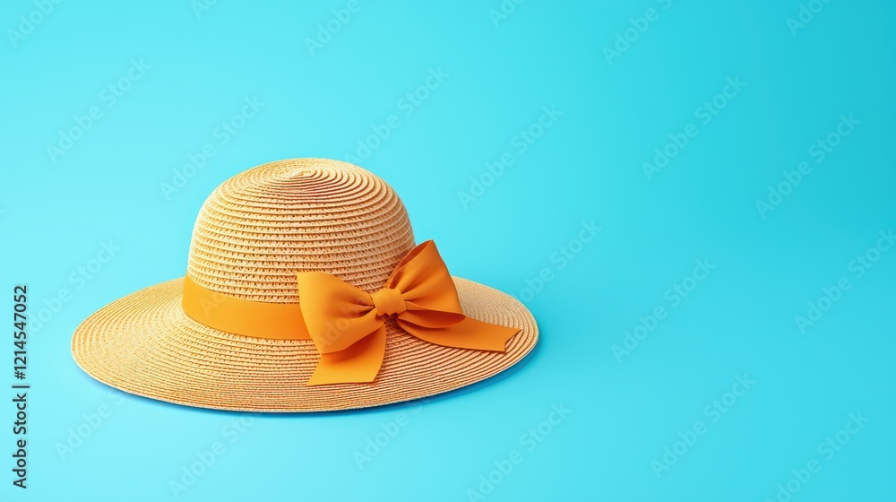 Stylish Straw Hat with Orange Bow on Bright Blue Background Stylish Straw Hat with Orange Bow on Bright Blue Background