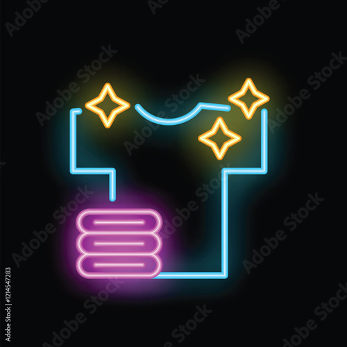 Neon glowing icon of clean clothes and shining t shirt for self service laundromat or dry cleaning service