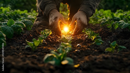 Glowing Seed Pod Planting by Farmer Symbolizing Potential of Genetically Engineered Crops for the Future photo