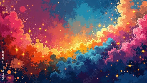 Close-up eye-level shot of vibrant smoke clouds in red, orange, yellow, blue, and purple hues, dotted with twinkling yellow stars against a dynamic backdrop photo