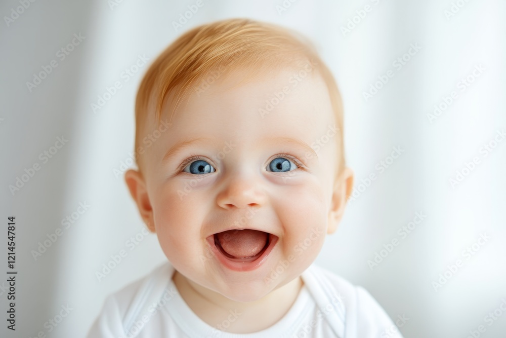 Happy baby with bright blue eyes smiles joyfully in front of a light background during a cozy indoor moment Happy baby with bright blue eyes smiles joyfully in front of a light background during a cozy indoor moment