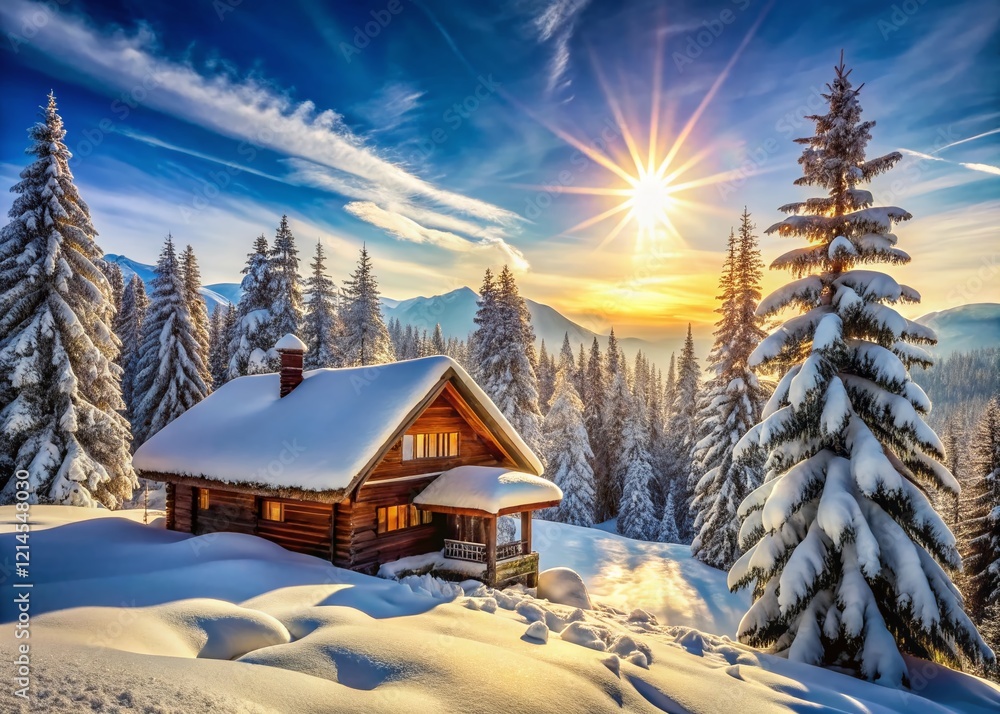 Panoramic Winter Wonderland: Sunlit Chalet & Evergreen Forest Ski Resort Panoramic Winter Wonderland: Sunlit Chalet & Evergreen Forest Ski Resort