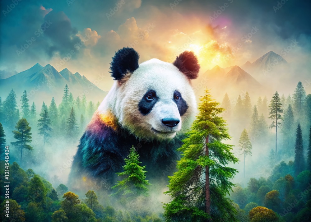 Obraz premium Paper Art Panda Double Exposure Forest Scene - Generative AI Stock Photo